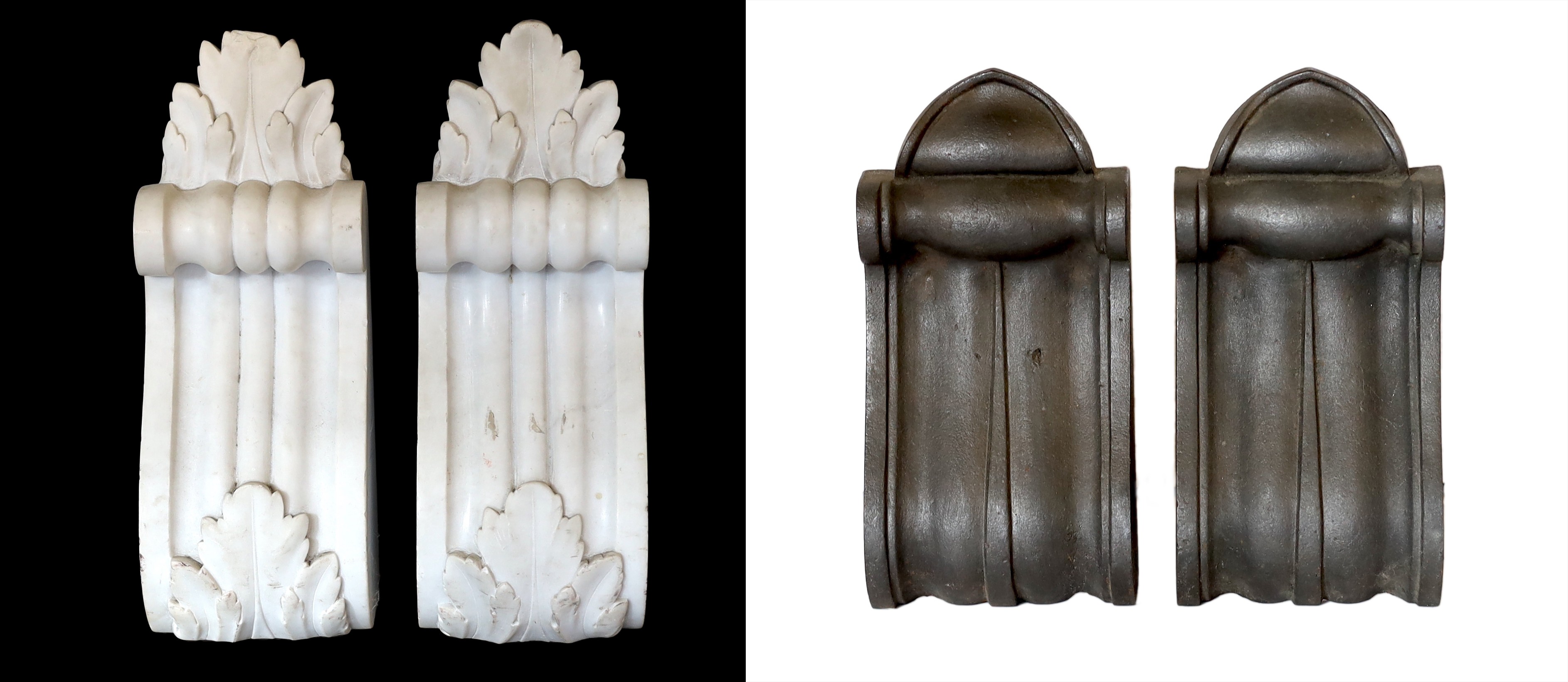A pair of Victorian cast iron corbels and a pair of carved white marble corbels, height 26cm & 35cm